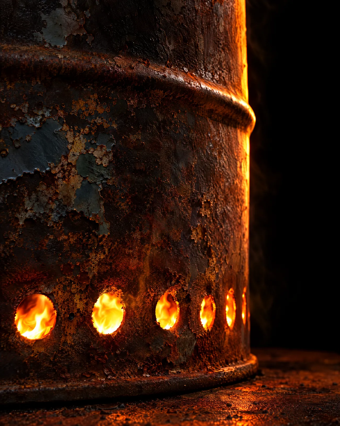 Close-up of the rusted drum with fire glowing through its air holes.