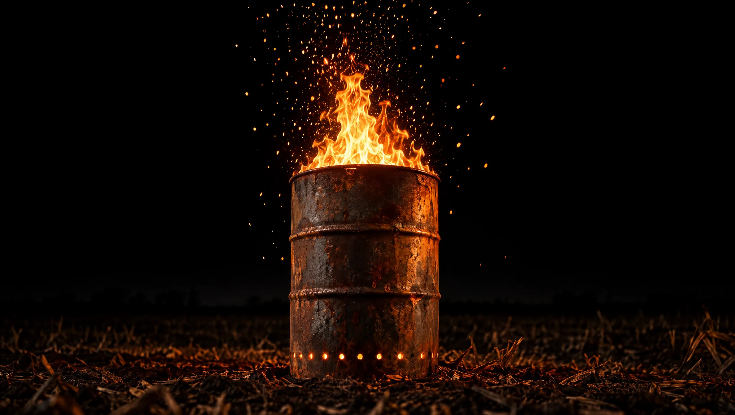 A rusted steel burn barrel on a farm field at night, flames and sparks rising out of it.