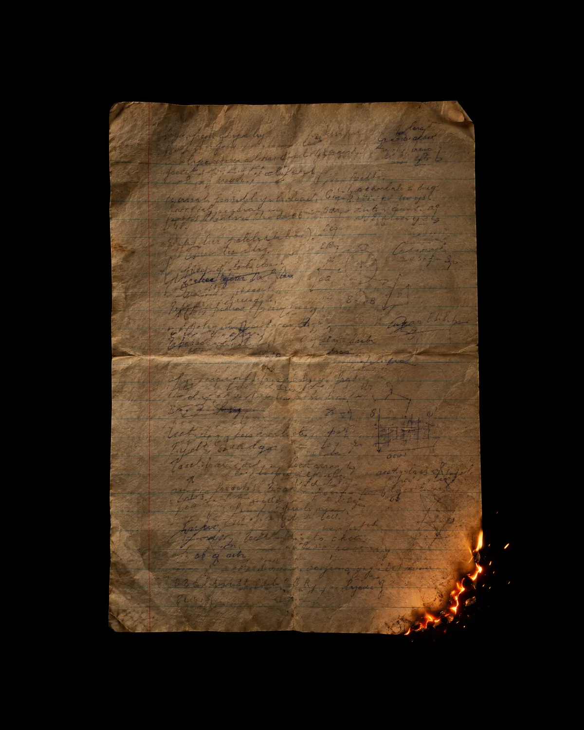 Handwritten notes on old ruled paper, burning away as you scroll.